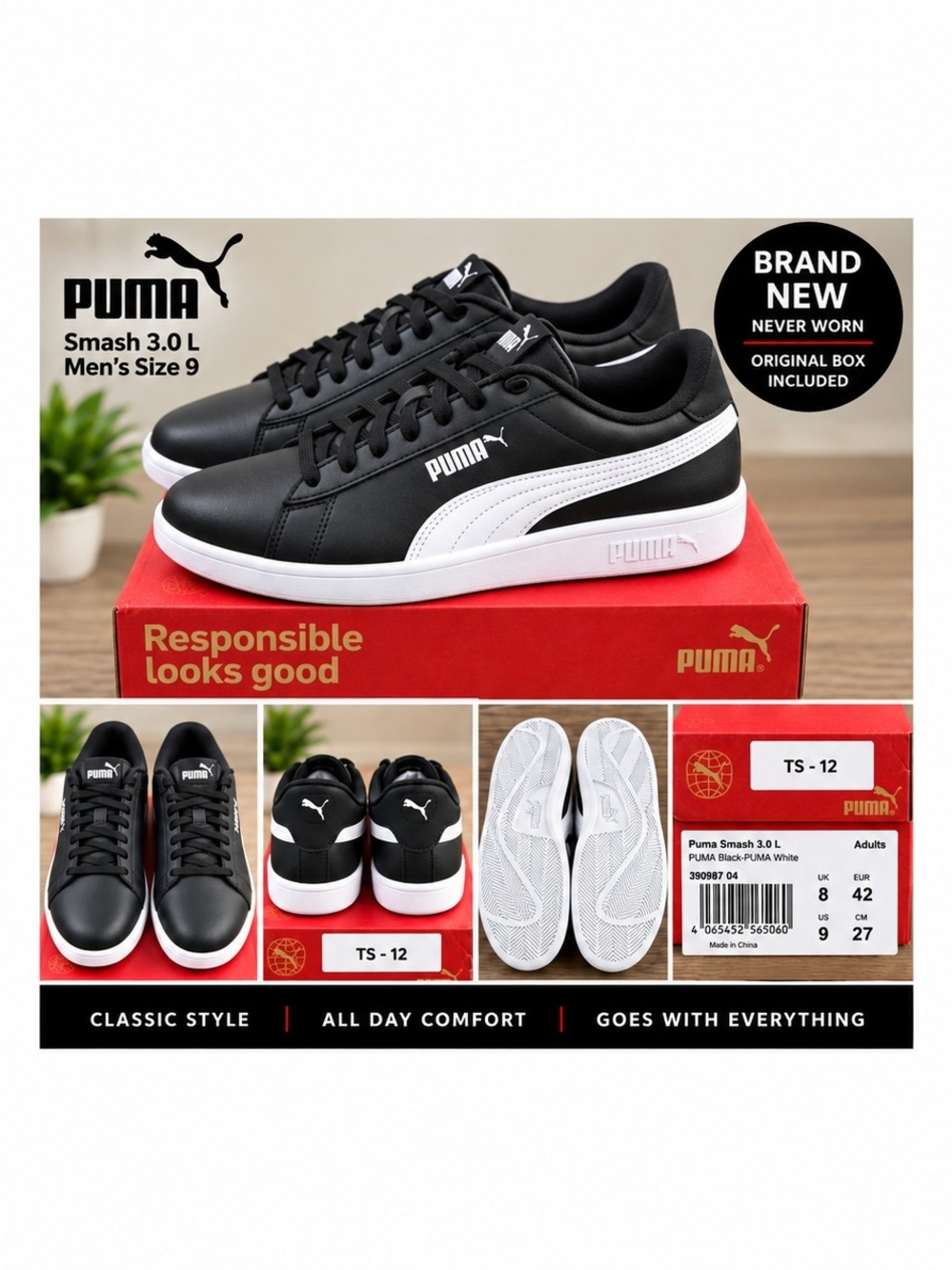 Puma Smash 3.0 L Men’s Black White Athletic Shoes
